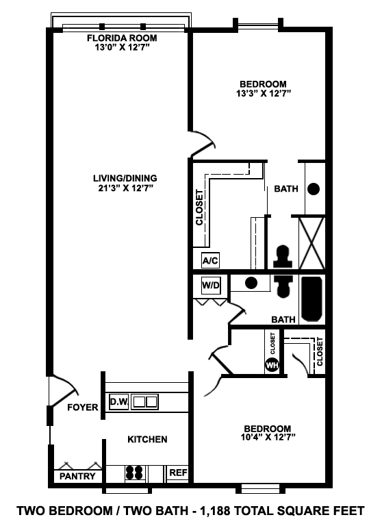 Floor plan of a 1,188 square feet, two-bedroom, two-bathroom apartment, with a Florida room, living/dining area, kitchen, foyer, and laundry closet.